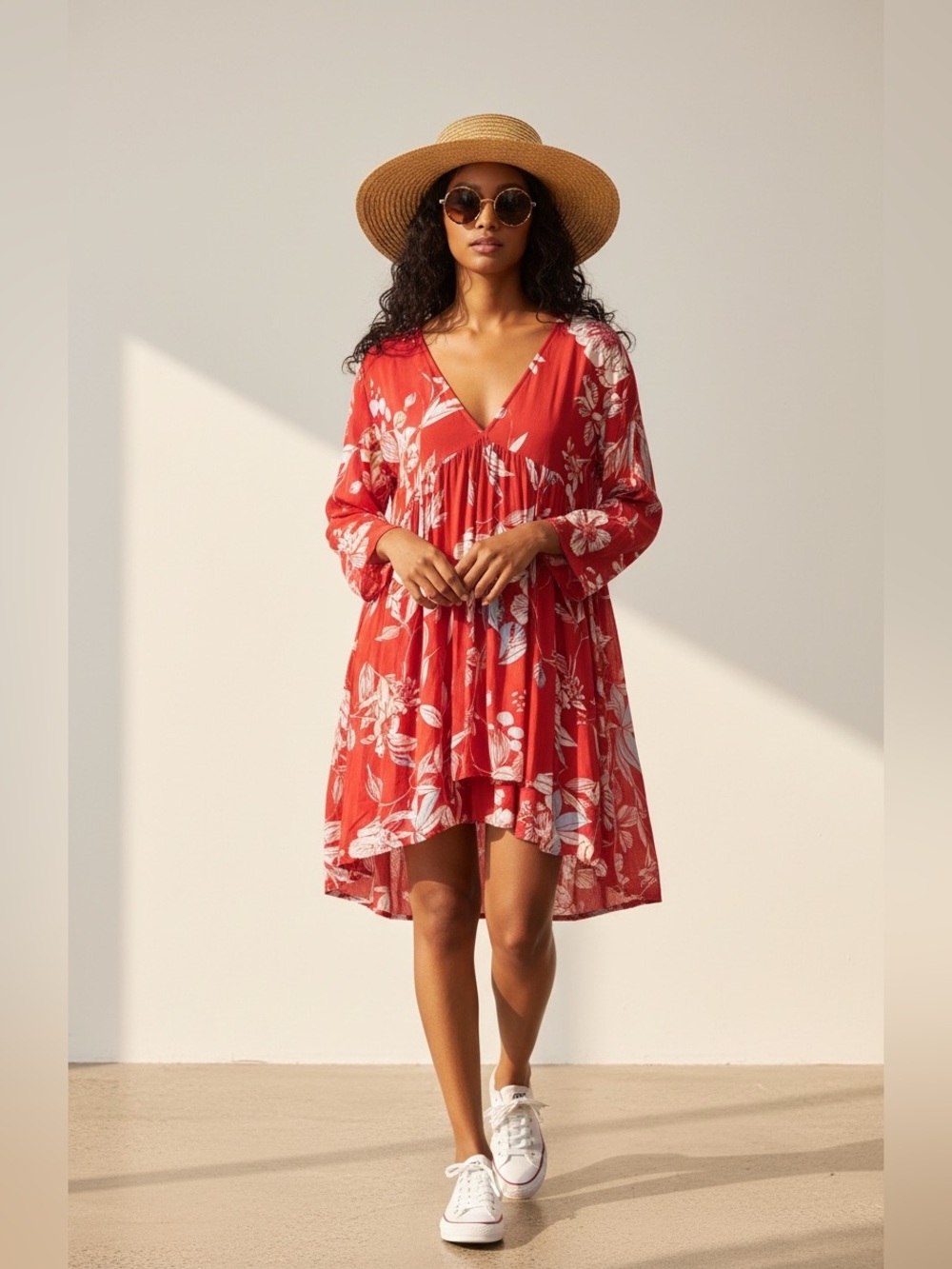 Free People Floral Top/ Mini Dress Red with White Print L